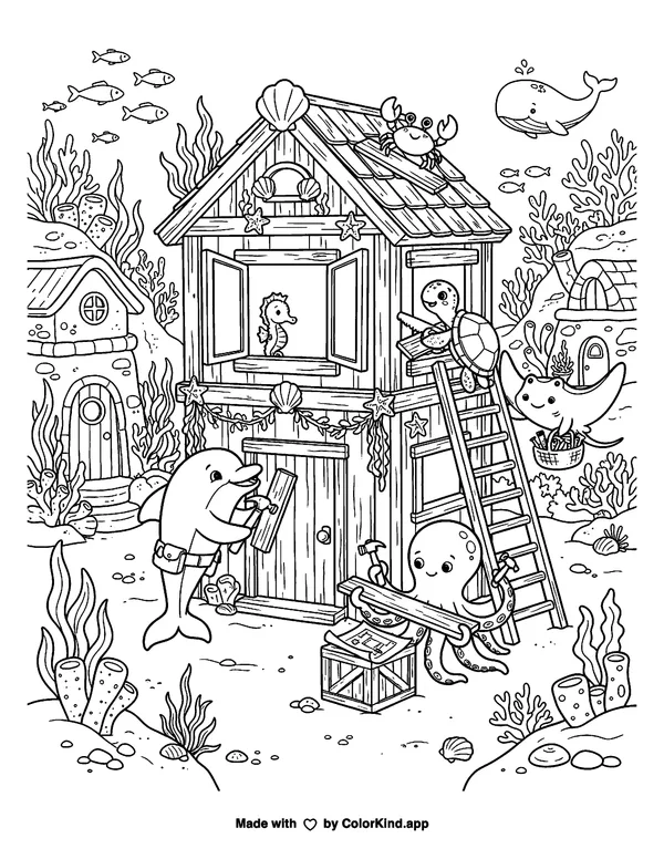 Gentle ocean animals building a cozy clubhouse in a welcoming neighborhood as clean black-and-white printable line art made by ColorKind