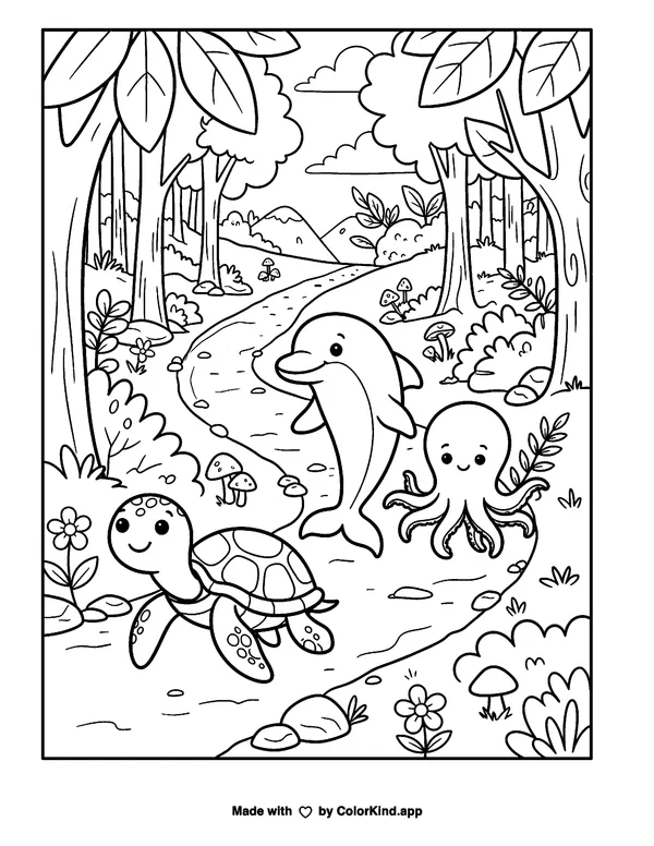 Gentle ocean animals exploring a nature trail along a winding woodland trail as clean black-and-white printable line art made by ColorKind