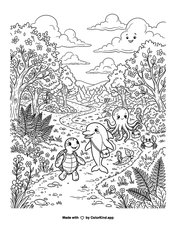 Gentle ocean animals exploring a nature trail under a sky full of clouds as clean black-and-white printable line art made by ColorKind
