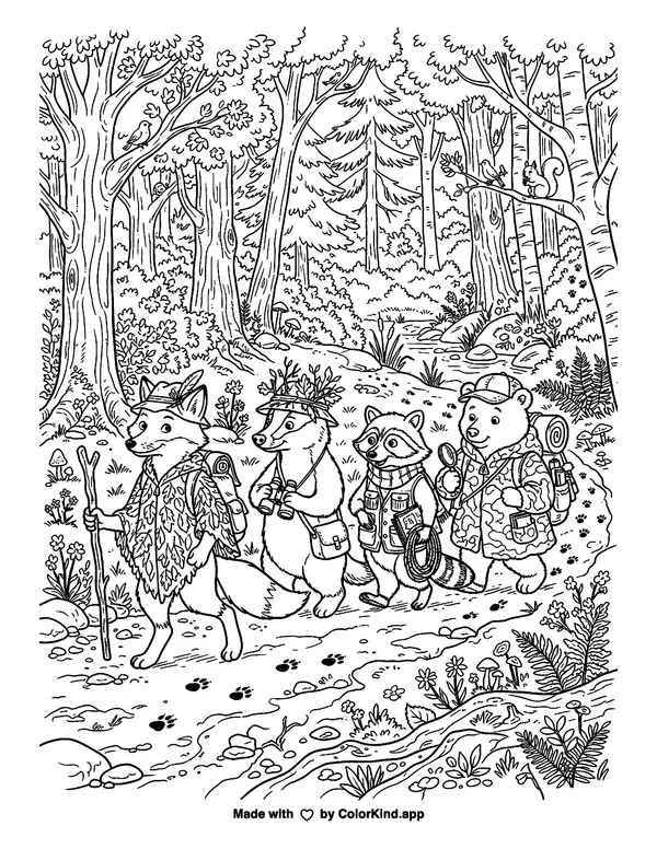 Gentle ocean animals helping a neighbor in a flower-filled park as clean black-and-white printable line art made by ColorKind
