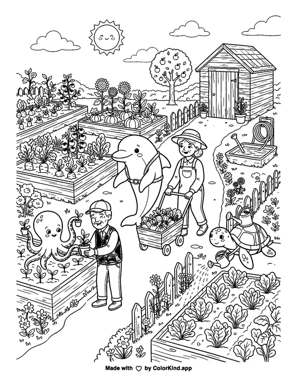 Gentle ocean animals helping a neighbor in a lively community garden as clean black-and-white printable line art made by ColorKind