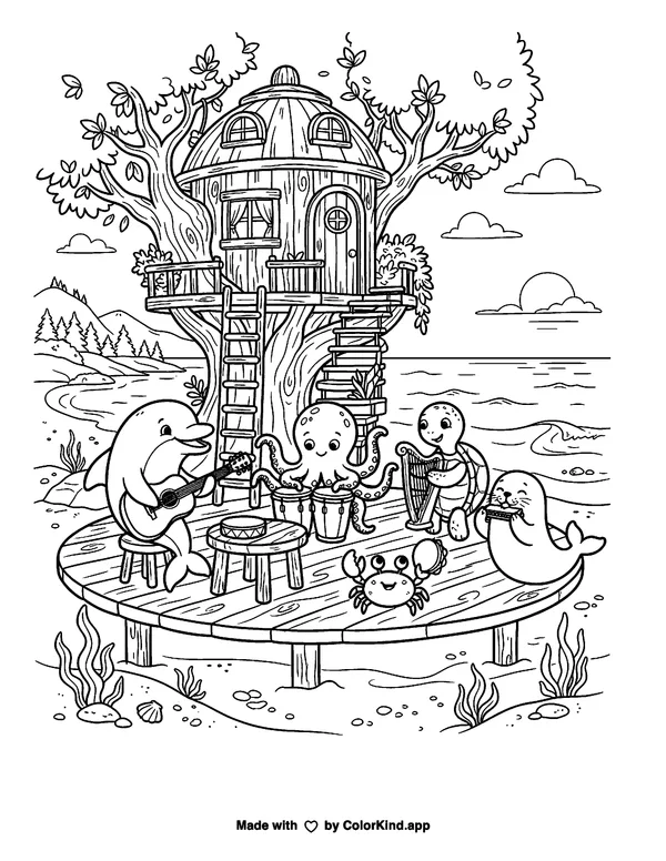 Gentle ocean animals making music near a cozy treehouse as clean black-and-white printable line art made by ColorKind
