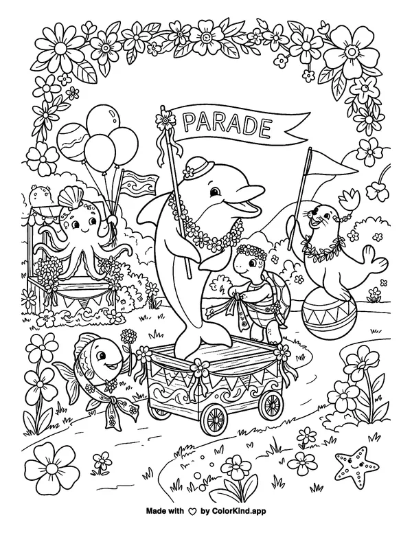 Gentle ocean animals preparing for a parade in a flower-filled park as clean black-and-white printable line art made by ColorKind