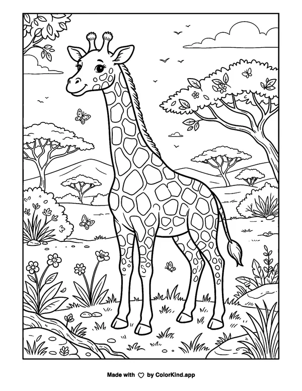 Giraffe as clean black-and-white printable line art made by ColorKind