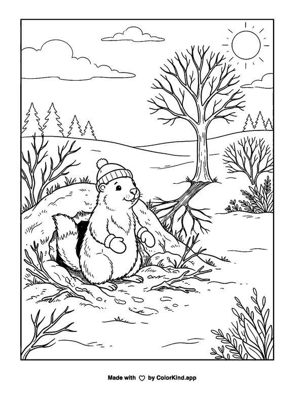 Happy Groundhog Day as clean black-and-white printable line art made by ColorKind