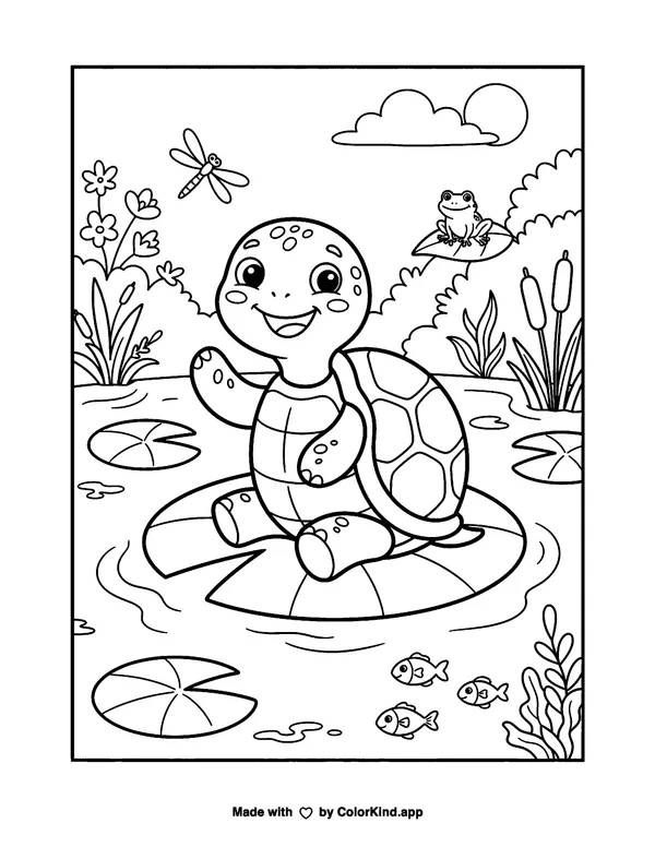 Happy Pond Turtle as clean black-and-white printable line art made by ColorKind