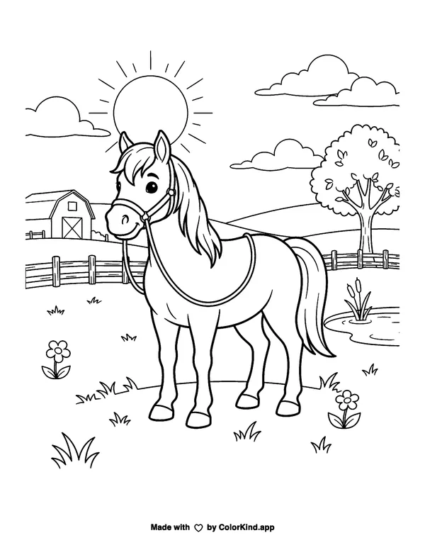 Horse as clean black-and-white printable line art made by ColorKind