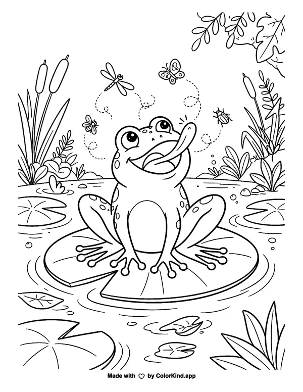 Hungry Frog as clean black-and-white printable line art made by ColorKind