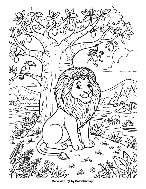 King of the Jungle as clean black-and-white printable line art made by ColorKind