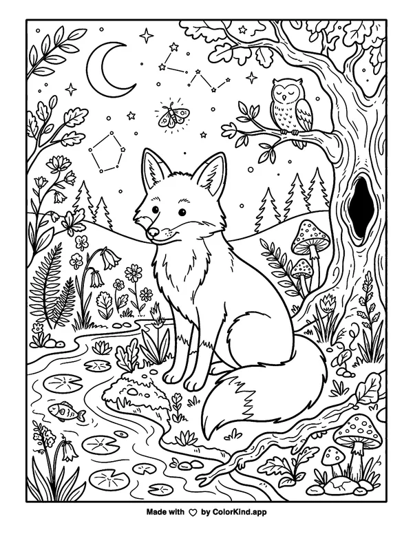 Nocturnal Fox as clean black-and-white printable line art made by ColorKind