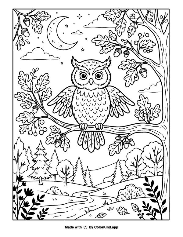 Nocturnal Owl as clean black-and-white printable line art made by ColorKind