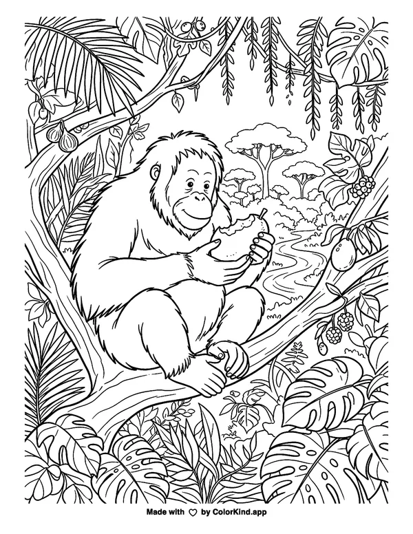 Orangutan as clean black-and-white printable line art made by ColorKind