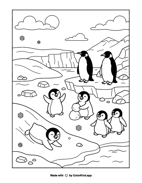 Penguins as clean black-and-white printable line art made by ColorKind