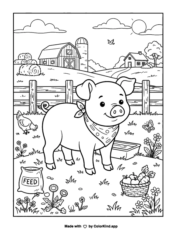 Pig as clean black-and-white printable line art made by ColorKind