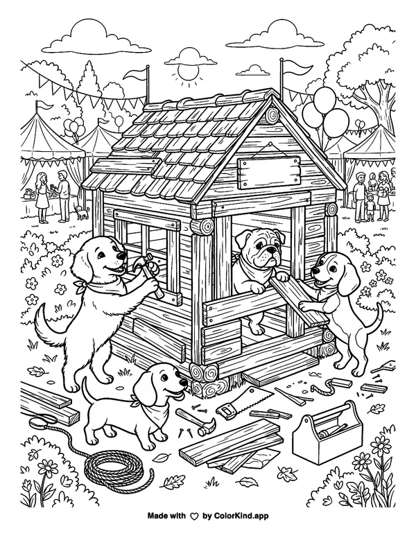 Playful puppies building a cozy clubhouse at a cheerful outdoor festival as clean black-and-white printable line art made by ColorKind
