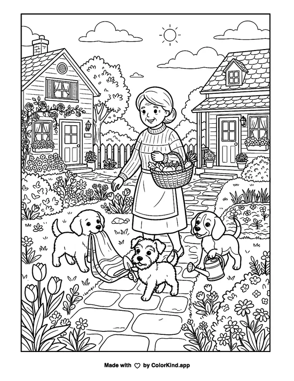 Playful puppies helping a neighbor in a welcoming neighborhood as clean black-and-white printable line art made by ColorKind