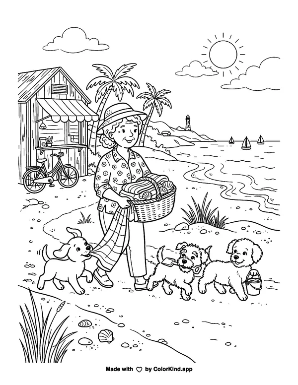 Playful puppies helping a neighbor near a sunny beach as clean black-and-white printable line art made by ColorKind