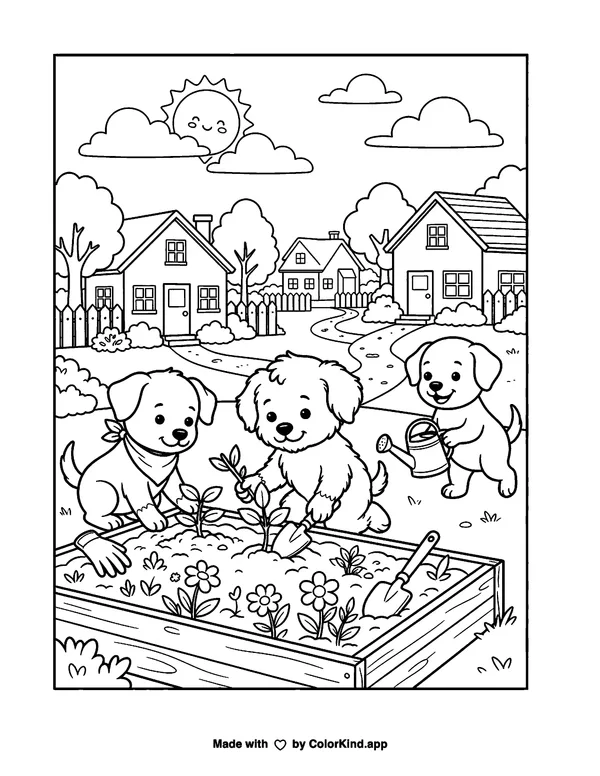 Playful puppies planting a garden in a welcoming neighborhood as clean black-and-white printable line art made by ColorKind