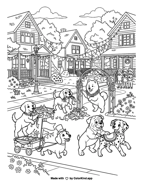 Playful puppies preparing for a parade in a welcoming neighborhood as clean black-and-white printable line art made by ColorKind