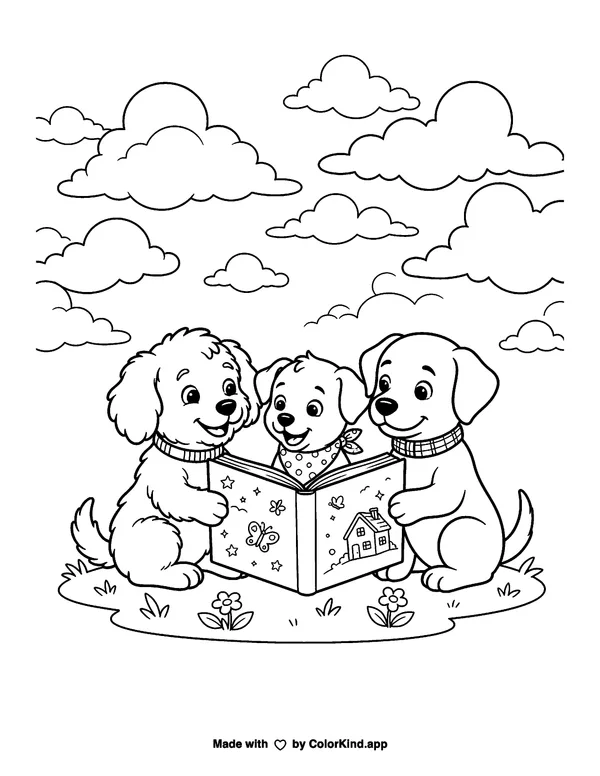 Playful puppies reading together under a sky full of clouds as clean black-and-white printable line art made by ColorKind