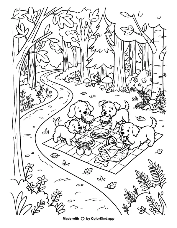 Playful puppies sharing a picnic along a winding woodland trail as clean black-and-white printable line art made by ColorKind