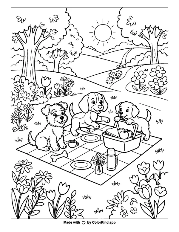 Playful puppies sharing a picnic in a flower-filled park as clean black-and-white printable line art made by ColorKind