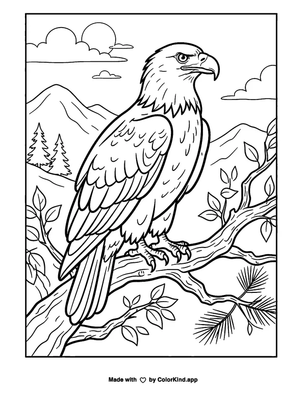 Realistic Bald Eagle as clean black-and-white printable line art made by ColorKind