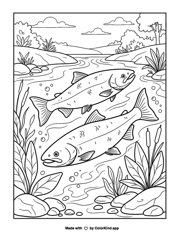 Salmon Fish as clean black-and-white printable line art made by ColorKind