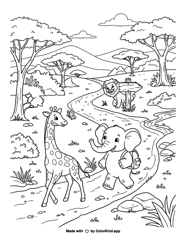 Savanna Animals on a Trail as clean black-and-white printable line art made by ColorKind