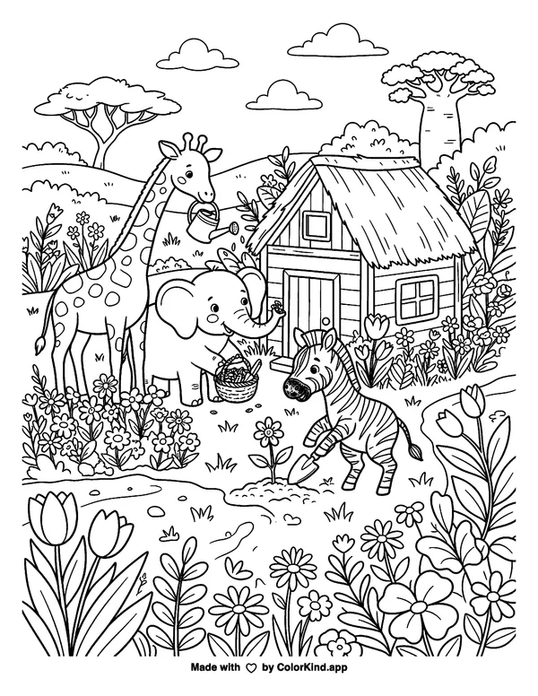 Savanna animals helping a neighbor in a flower-filled park as clean black-and-white printable line art made by ColorKind