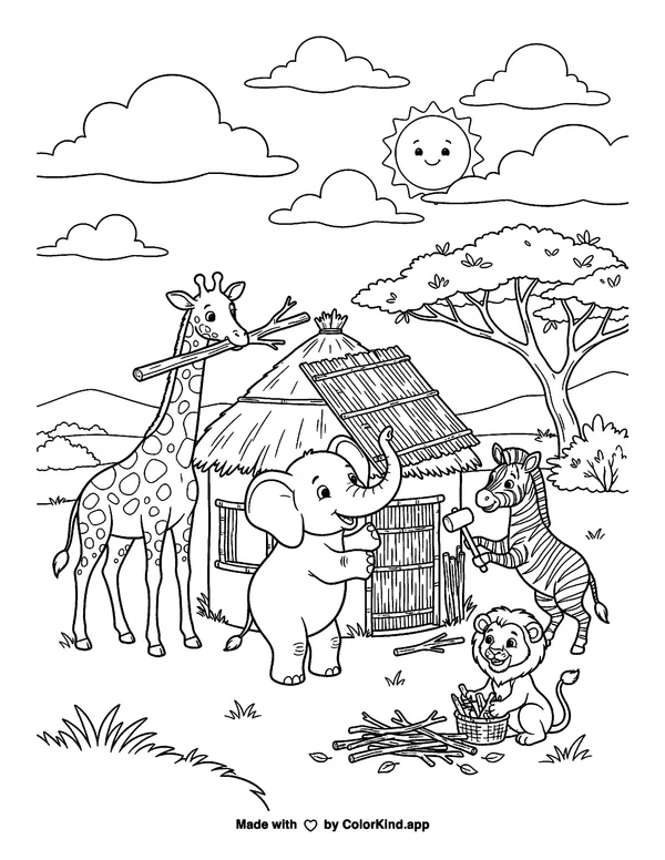 Savanna animals helping a neighbor under a sky full of clouds as clean black-and-white printable line art made by ColorKind