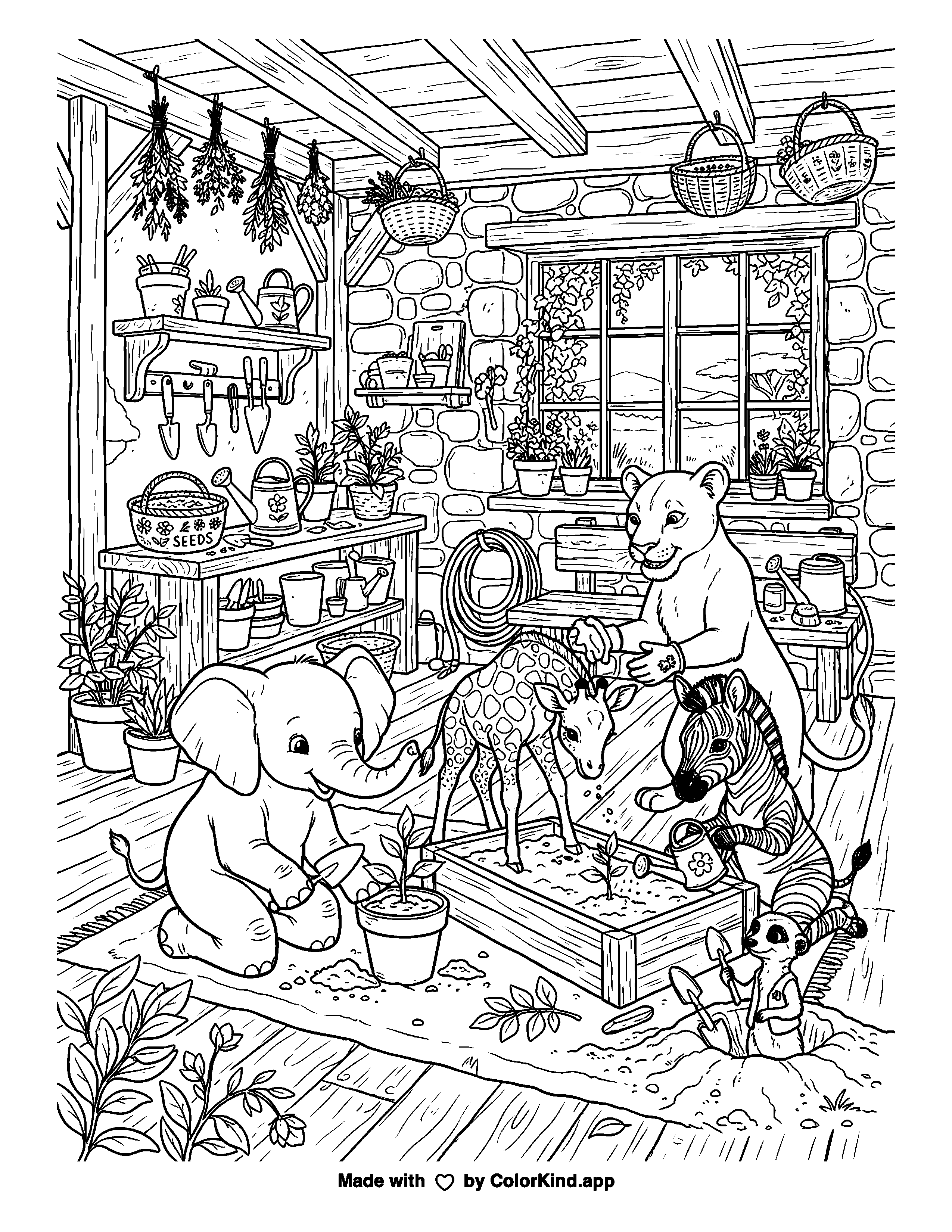 Savanna Animals Gardening Indoors as clean black-and-white printable line art made by ColorKind