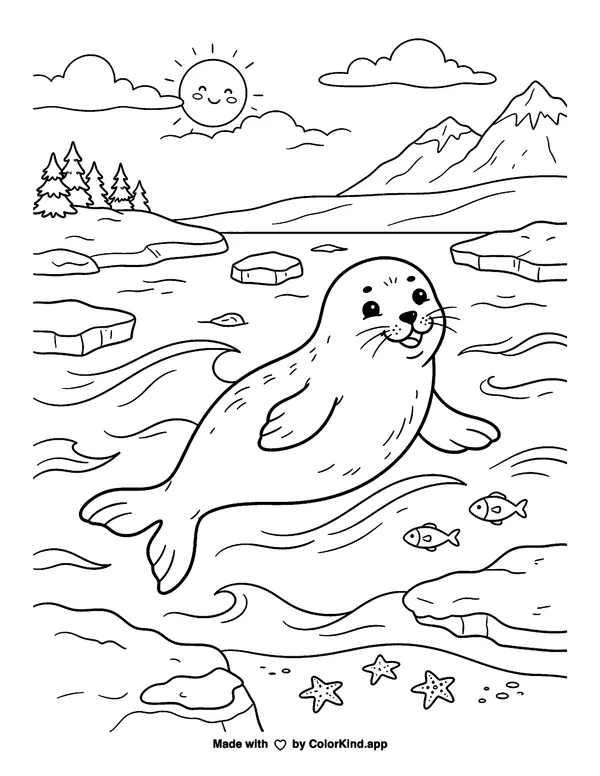 Seal as clean black-and-white printable line art made by ColorKind