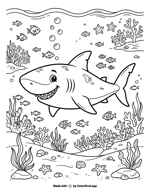 Shark as clean black-and-white printable line art made by ColorKind