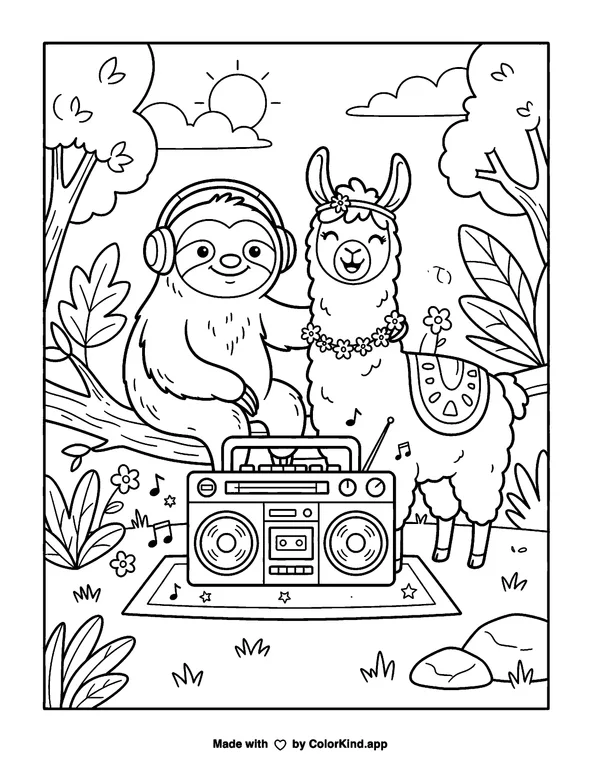 Sloths Love Llamas Boombox as clean black-and-white printable line art made by ColorKind
