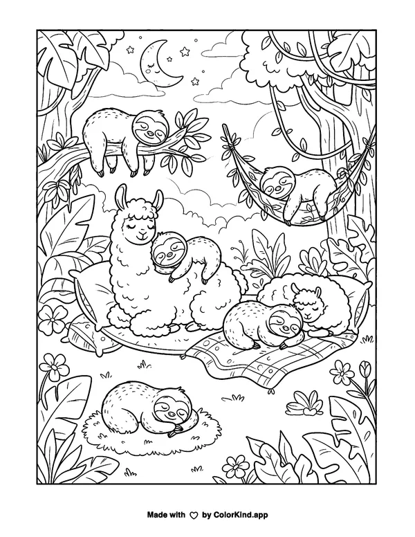 Sloths Love Llamas Nap Time as clean black-and-white printable line art made by ColorKind