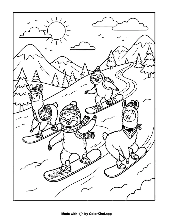 Sloths Love Llamas Snowboard as clean black-and-white printable line art made by ColorKind
