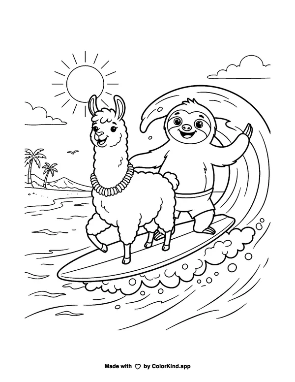 Sloths Love Llamas Surfs Up as clean black-and-white printable line art made by ColorKind