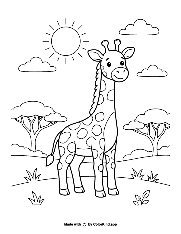 Stand Up Giraffe as clean black-and-white printable line art made by ColorKind