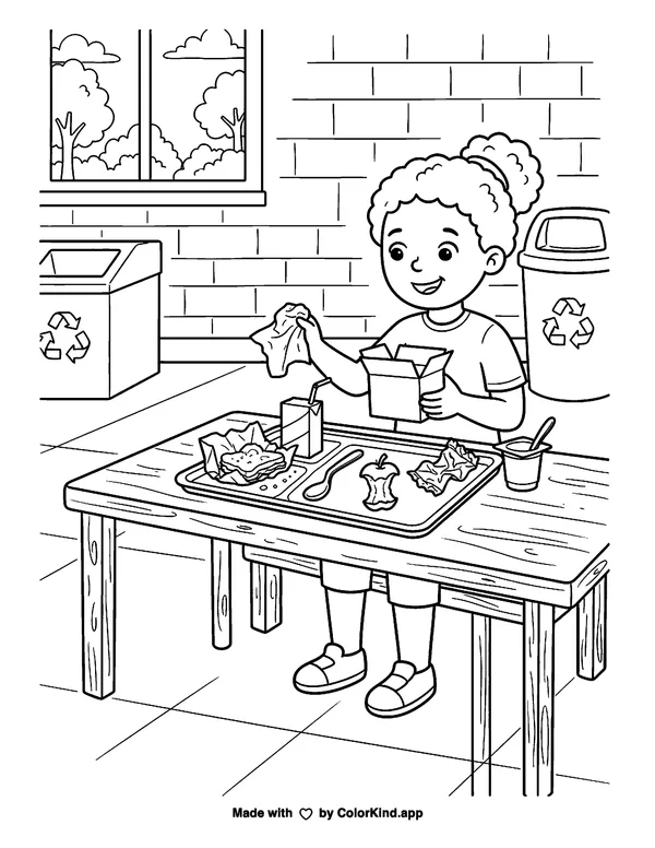 Trash Lunch as clean black-and-white printable line art made by ColorKind