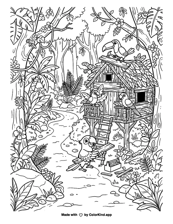 Tropical birds building a cozy clubhouse along a winding woodland trail as clean black-and-white printable line art made by ColorKind