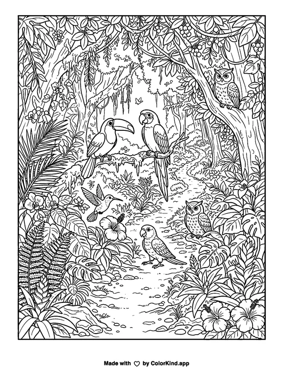 Tropical birds exploring a nature trail along a winding woodland trail as clean black-and-white printable line art made by ColorKind