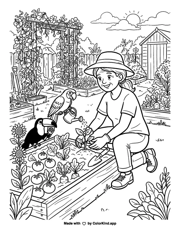 Tropical birds helping a neighbor in a lively community garden as clean black-and-white printable line art made by ColorKind