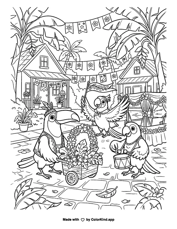 Tropical birds preparing for a parade in a welcoming neighborhood as clean black-and-white printable line art made by ColorKind