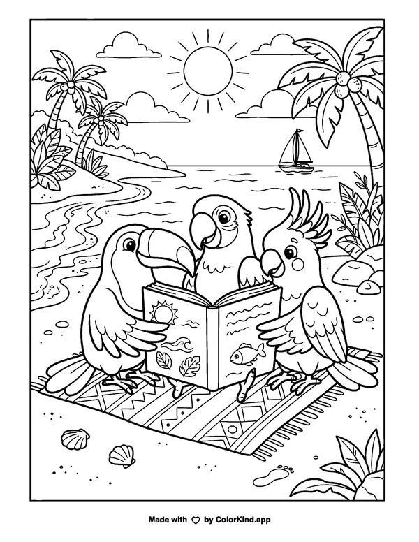 Tropical birds reading together near a sunny beach as clean black-and-white printable line art made by ColorKind