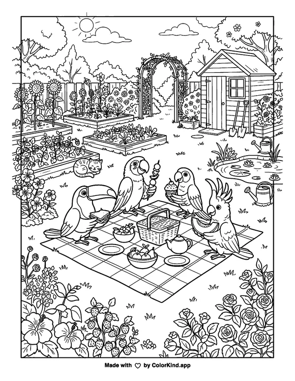 Tropical birds sharing a picnic in a lively community garden as clean black-and-white printable line art made by ColorKind