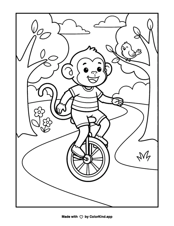 Unicycle Monkey as clean black-and-white printable line art made by ColorKind