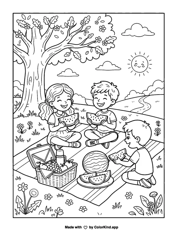 Watermelon Picnic as clean black-and-white printable line art made by ColorKind