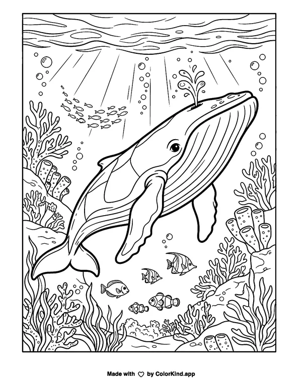 Whale as clean black-and-white printable line art made by ColorKind