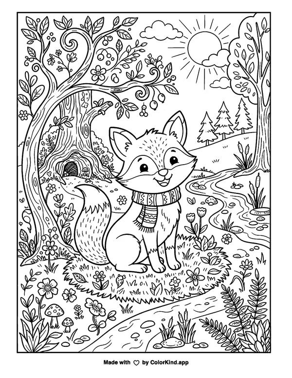 Whimsical Creations - Fox as clean black-and-white printable line art made by ColorKind